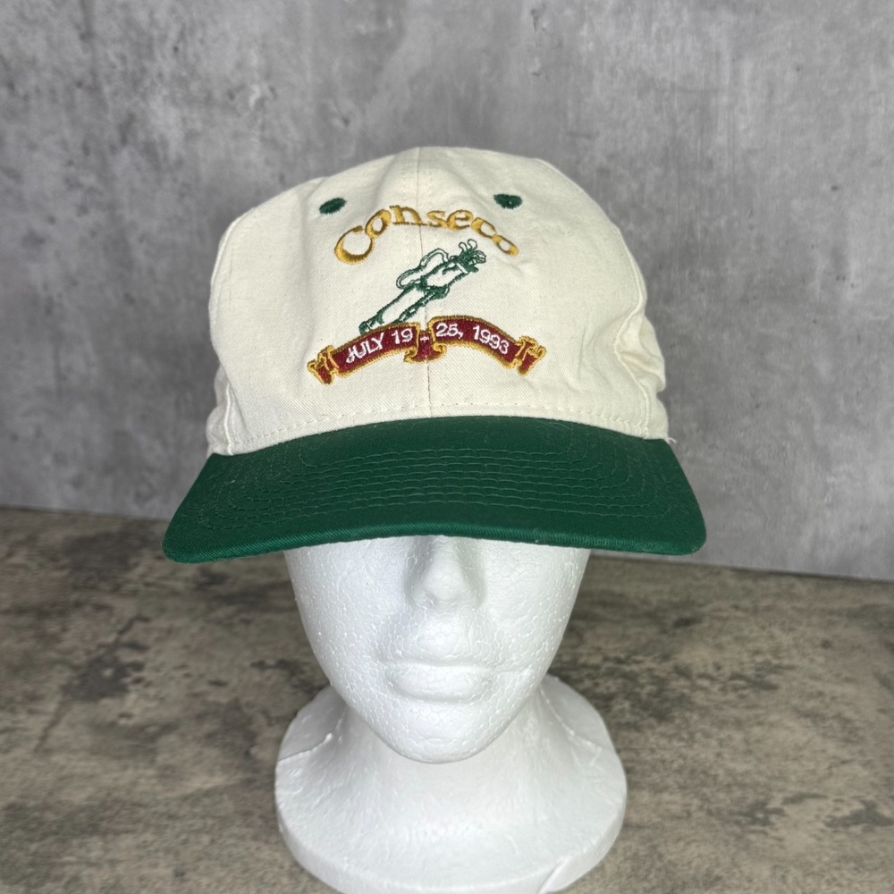 Vintage 1993 Conseco Hat OS Cream Green Golf Legacy‎ Leather Strapback